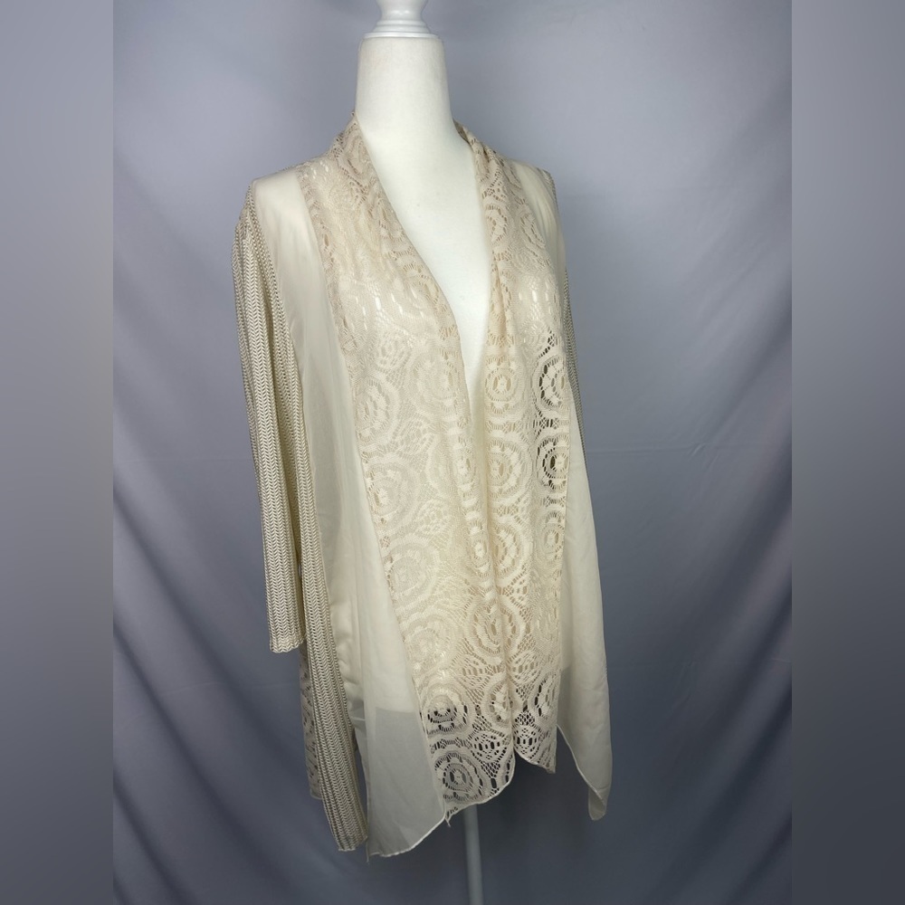 Travelers Collection by Chico’s Beige sheer crochet mesh open front cardigan